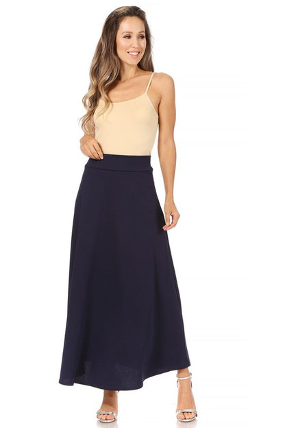 Solid High Waisted A-Line Midi Skirt - Elegant and Comfortable with Elastic Waist