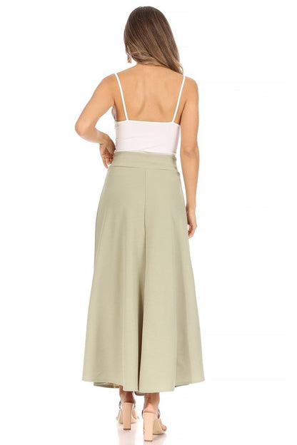 Solid High Waisted A-Line Midi Skirt - Elegant and Comfortable with Elastic Waist