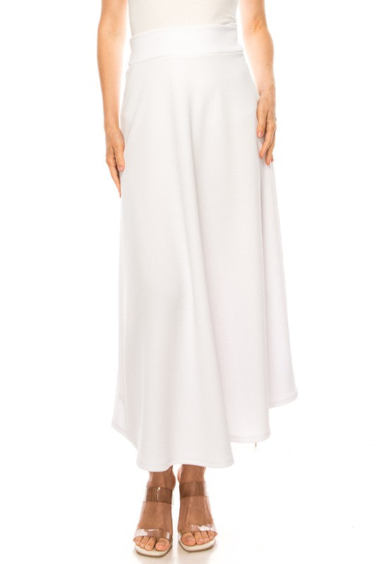 Solid High Waisted A-Line Midi Skirt - Elegant and Comfortable with Elastic Waist