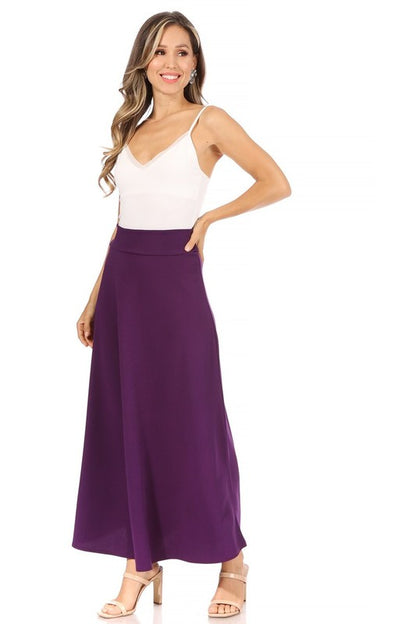 Solid High Waisted A-Line Midi Skirt - Elegant and Comfortable with Elastic Waist