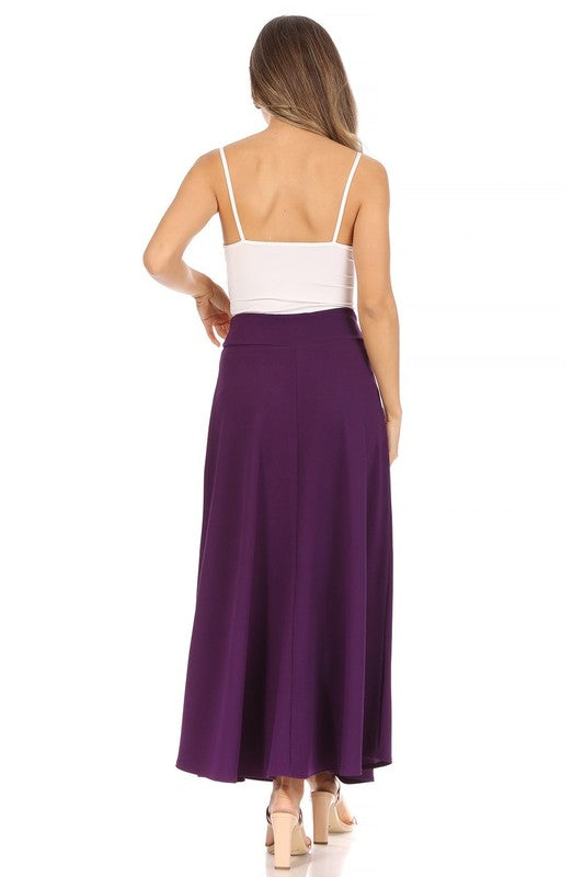 Solid High Waisted A-Line Midi Skirt - Elegant and Comfortable with Elastic Waist