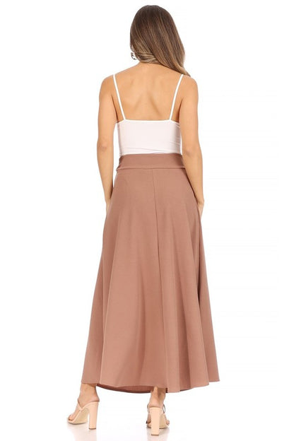 Solid High Waisted A-Line Midi Skirt - Elegant and Comfortable with Elastic Waist