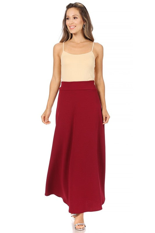 Solid High Waisted A-Line Midi Skirt - Elegant and Comfortable with Elastic Waist