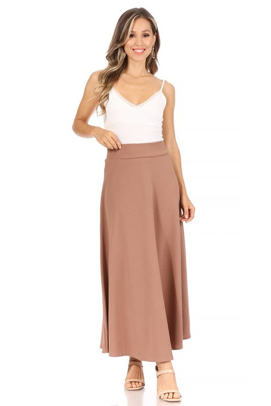 Solid High Waisted A-Line Midi Skirt - Elegant and Comfortable with Elastic Waist