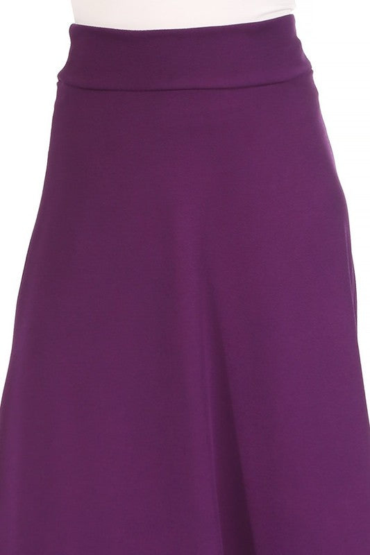 Solid High Waisted A-Line Midi Skirt - Elegant and Comfortable with Elastic Waist