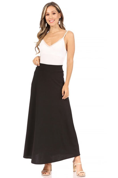 Solid High Waisted A-Line Midi Skirt - Elegant and Comfortable with Elastic Waist