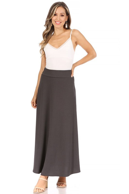 Solid High Waisted A-Line Midi Skirt - Elegant and Comfortable with Elastic Waist