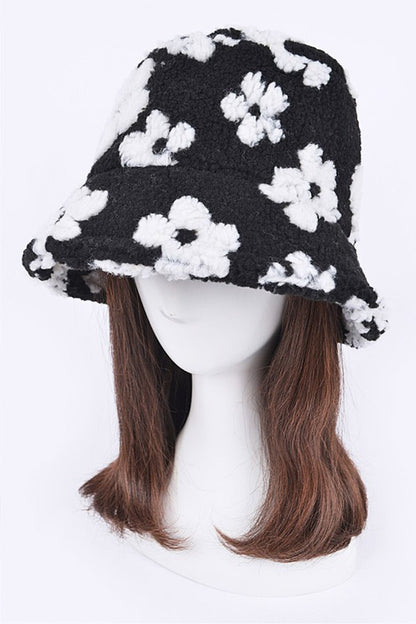 Flower Printed Faux Fur Bucket Hat