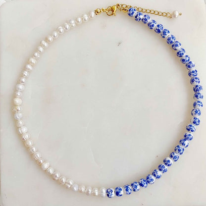 18K Gold Pearl & Porcelain Choker Necklace - Freshwater Pearls & Ceramic Beads