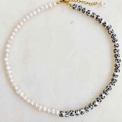 18K Gold Pearl & Porcelain Choker Necklace - Freshwater Pearls & Ceramic Beads