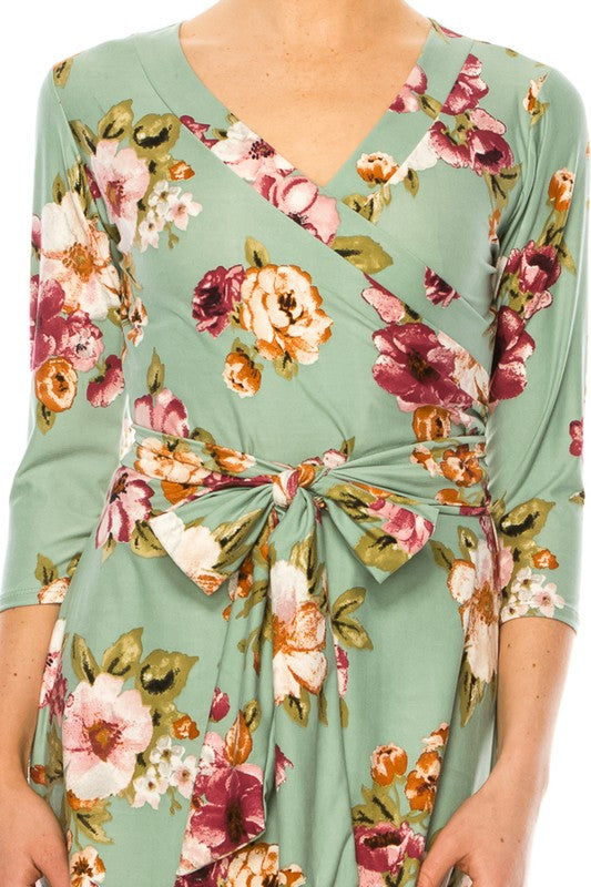 MOA Collection Floral Print Faux Wrap Dress with Deep V-Neck and Waist Tie