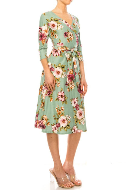 MOA Collection Floral Print Faux Wrap Dress with Deep V-Neck and Waist Tie