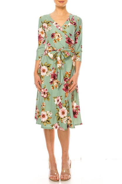 MOA Collection Floral Print Faux Wrap Dress with Deep V-Neck and Waist Tie