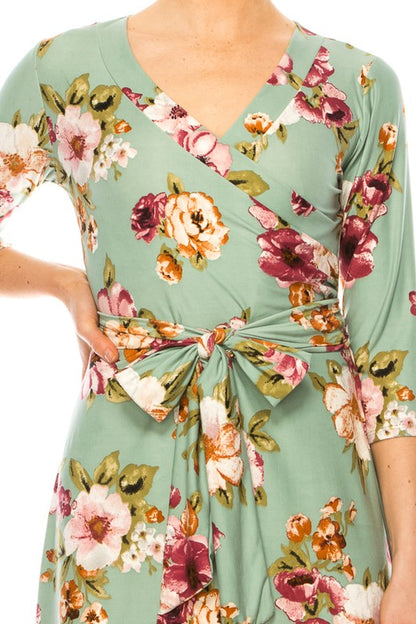 MOA Collection Floral Print Faux Wrap Dress with Deep V-Neck and Waist Tie