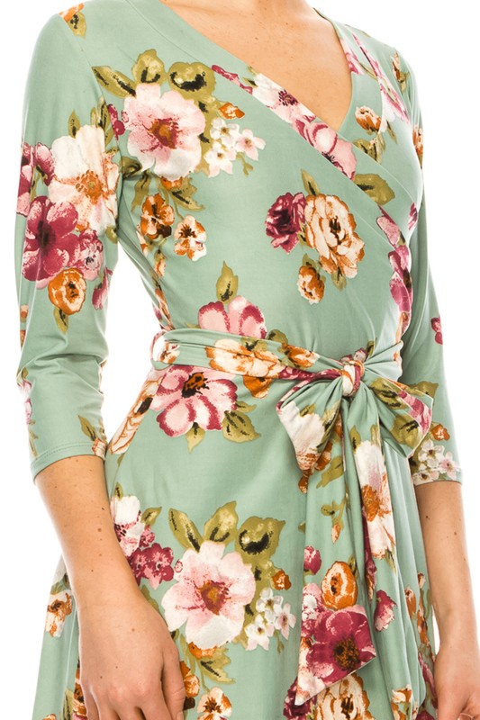 MOA Collection Floral Print Faux Wrap Dress with Deep V-Neck and Waist Tie