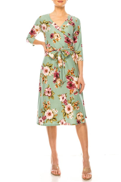 MOA Collection Floral Print Faux Wrap Dress with Deep V-Neck and Waist Tie