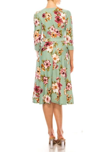 MOA Collection Floral Print Faux Wrap Dress with Deep V-Neck and Waist Tie