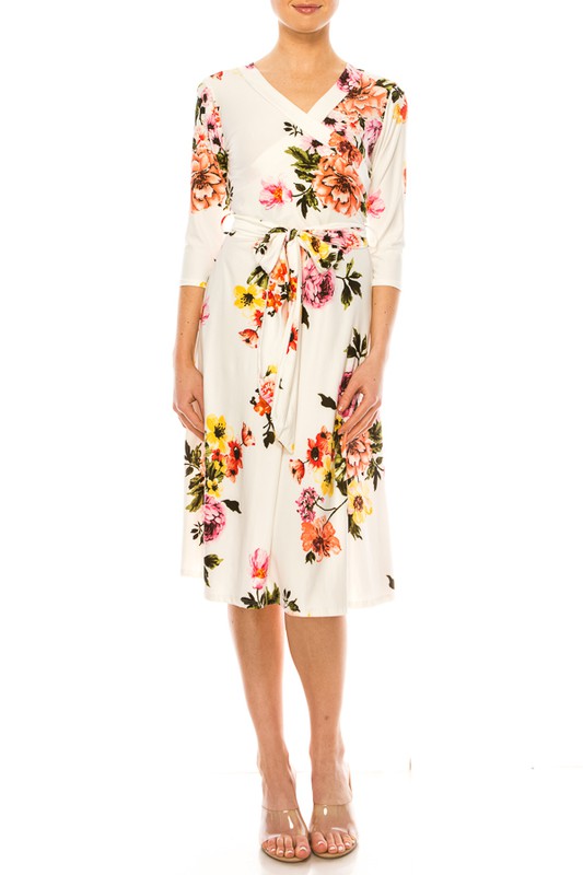 MOA Collection Floral Print Faux Wrap Dress with Deep V-Neck and Waist Tie