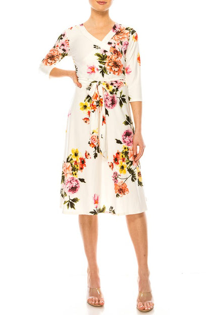 MOA Collection Floral Print Faux Wrap Dress with Deep V-Neck and Waist Tie