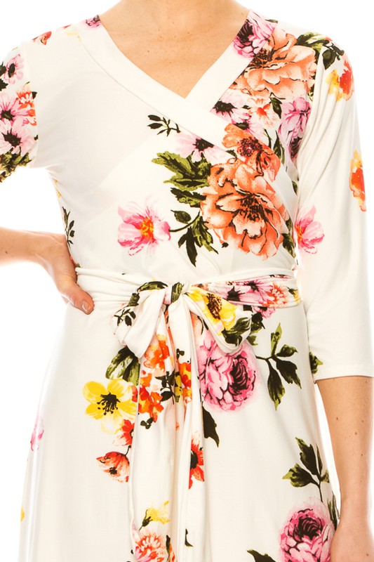 MOA Collection Floral Print Faux Wrap Dress with Deep V-Neck and Waist Tie