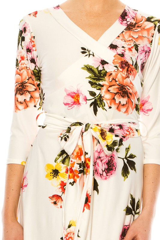 MOA Collection Floral Print Faux Wrap Dress with Deep V-Neck and Waist Tie