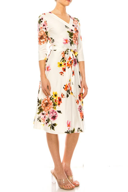 MOA Collection Floral Print Faux Wrap Dress with Deep V-Neck and Waist Tie