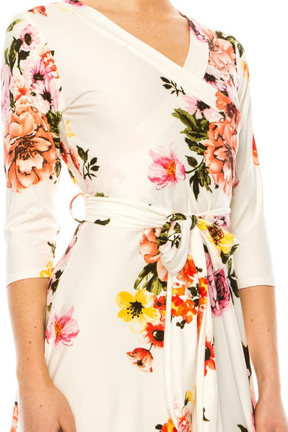 MOA Collection Floral Print Faux Wrap Dress with Deep V-Neck and Waist Tie