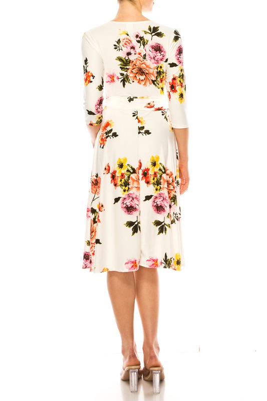 MOA Collection Floral Print Faux Wrap Dress with Deep V-Neck and Waist Tie