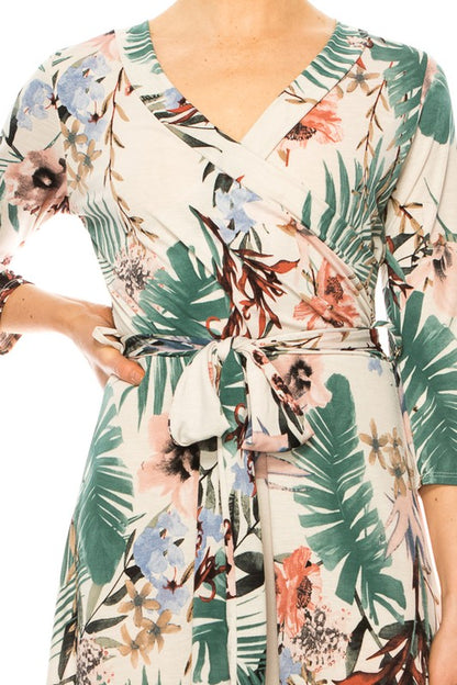 MOA Collection Floral Print Faux Wrap Dress with Deep V-Neck and Waist Tie