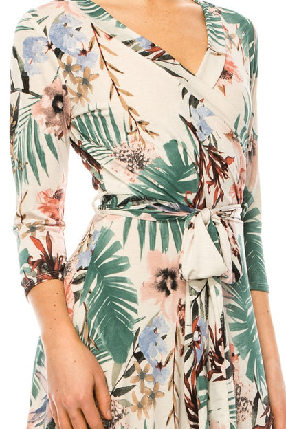 MOA Collection Floral Print Faux Wrap Dress with Deep V-Neck and Waist Tie