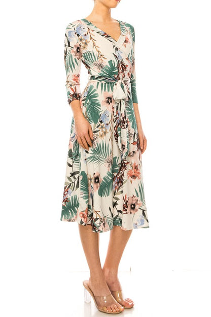 MOA Collection Floral Print Faux Wrap Dress with Deep V-Neck and Waist Tie