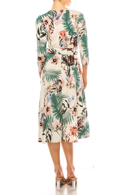 MOA Collection Floral Print Faux Wrap Dress with Deep V-Neck and Waist Tie