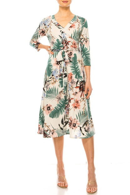 MOA Collection Floral Print Faux Wrap Dress with Deep V-Neck and Waist Tie