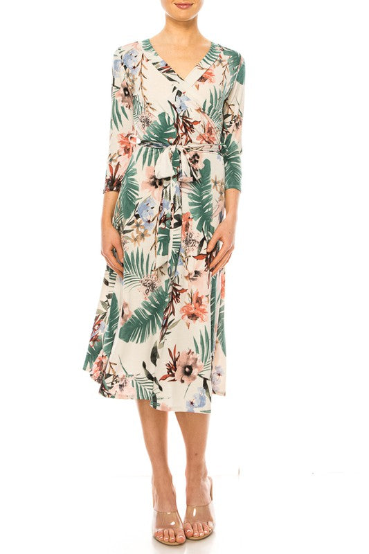 MOA Collection Floral Print Faux Wrap Dress with Deep V-Neck and Waist Tie