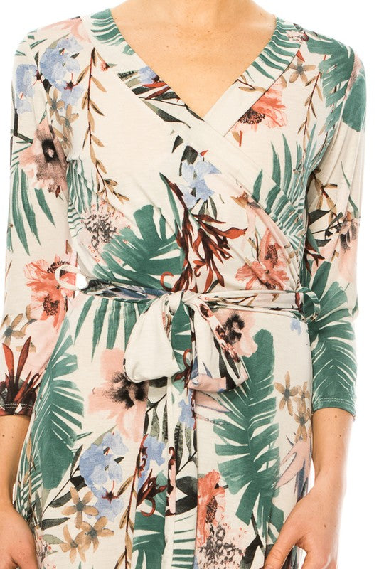 MOA Collection Floral Print Faux Wrap Dress with Deep V-Neck and Waist Tie