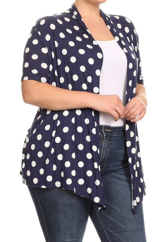 Polka dot Cardigan - Loose Fit, Open Front, Short Sleeves