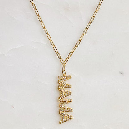 18K Gold Mama Drop Pendant Necklace with Edgy Link Chain