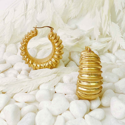 18k Gold Bold In Pleats Hoop Earrings - Unique Pleated Texture and Lightweight Design