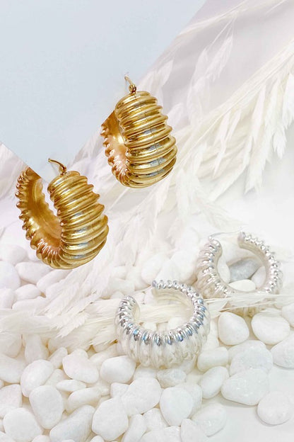 18k Gold Bold In Pleats Hoop Earrings - Unique Pleated Texture and Lightweight Design