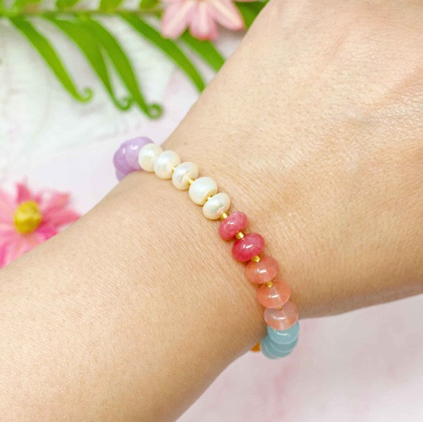 Semi-Precious Bauble Stretch Bracelet with Natural Stones, Beads, and Pearls