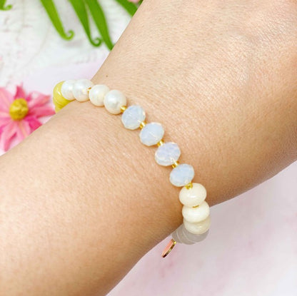 Semi-Precious Bauble Stretch Bracelet with Natural Stones, Beads, and Pearls