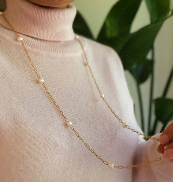 18K Gold Freshwater Pearl Long Chain Necklace