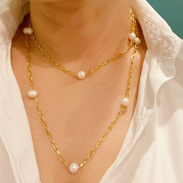 18K Gold Freshwater Pearl Long Chain Necklace