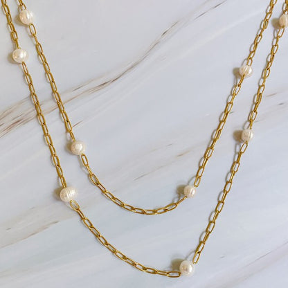 18K Gold Freshwater Pearl Long Chain Necklace