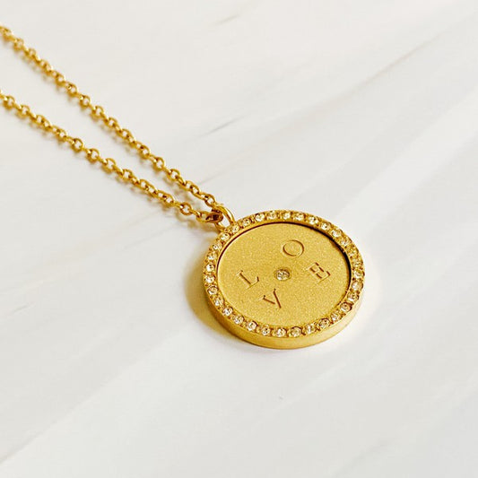 18K Gold Loveholic Round Pendant Necklace with Engraved LOVE and Shiny Stones