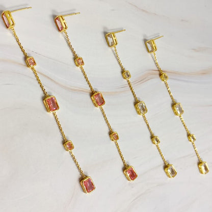 18k Gold Five Stones Dangle Drop Earrings with Sparkly Jewel Stones