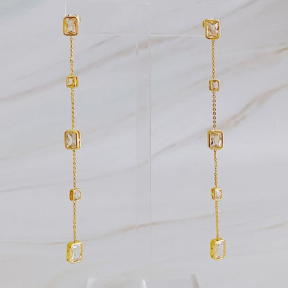 18k Gold Five Stones Dangle Drop Earrings with Sparkly Jewel Stones