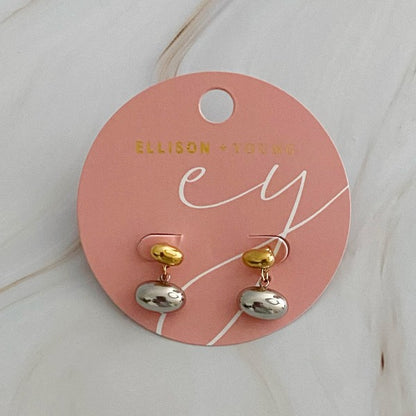 18k Gold Dangling Mini Bean Earrings - Stylish and Sophisticated Two-Toned Design