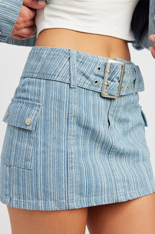 BELTED MINI DENIM SKIRT