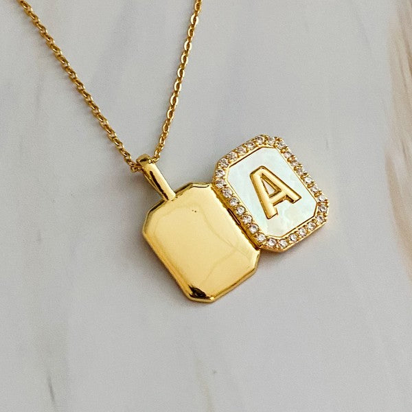 18K Gold Initial Deco Open Locket Pendant Necklace - Mother of Pearl